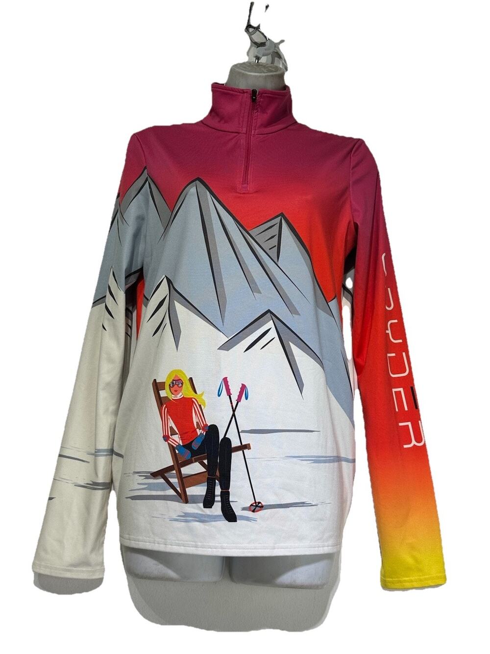 Spyder Womens Sunset Ski Base Layer 1/4 Zip Pullover Pink Mountain Graphic Top M